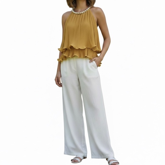Why Dress Tops - #A072. Why Dress  Mustard Pleated Blouse ,Rhinestone ,Pearl Neckline,NWT L